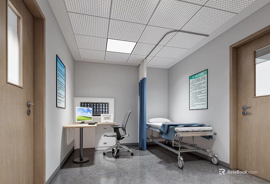 Hospital Room Interior With Bed Computer Desk Chair Wall Posters Ceiling Light And Wooden Door 3d model 