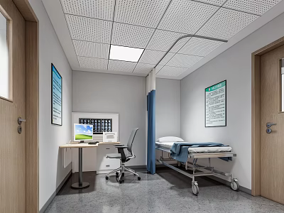 Hospital Room Interior With Bed Computer Desk Chair Wall Posters Ceiling Light And Wooden Door 3d model