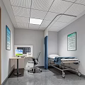 Hospital Room Interior With Bed Computer Desk Chair Wall Posters Ceiling Light And Wooden Door