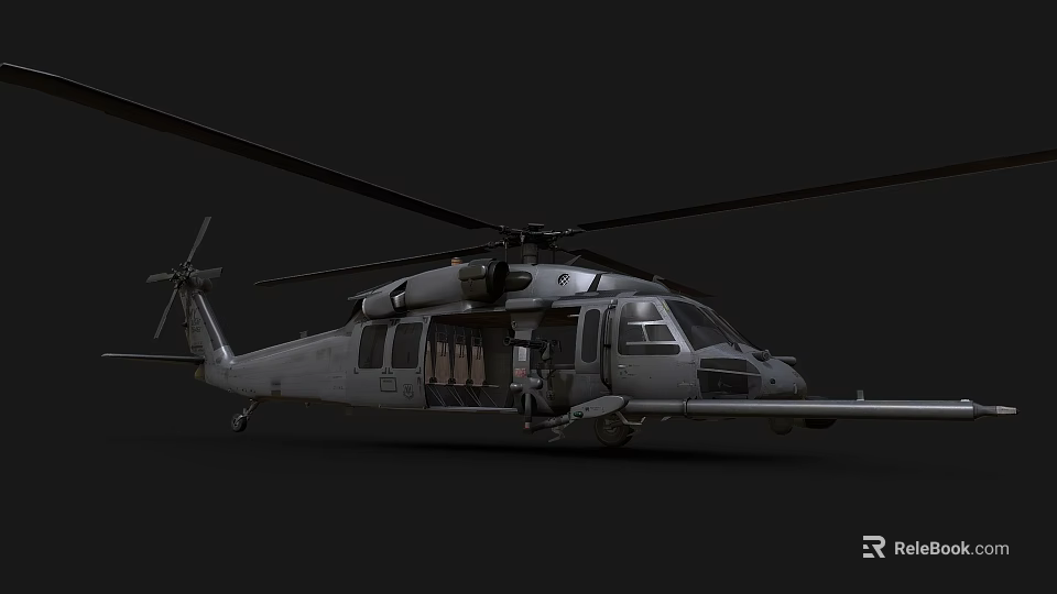 Military Helicopter With Extended Rotor Blades Open Doors And Detailed Fuselage Design 3d model 