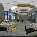 Modern Restaurant Interior With Yellow Black Chairs White Dining Tables Green Plants And Hanging Lights