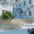 Modern Wooden Landscape Seating With Curved Design And Green Trees White Building Street Lamps