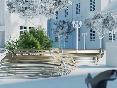 Modern Wooden Landscape Seating With Curved Design And Green Trees White Building Street Lamps 3d model