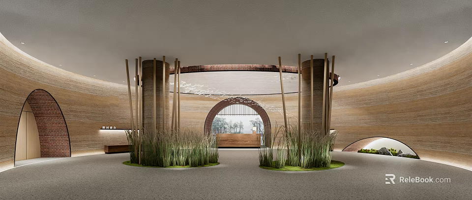 Modern Hotel Lobby Interior With Arched Doorway Wooden Elements Green Plants And Reception Desk 3d model 