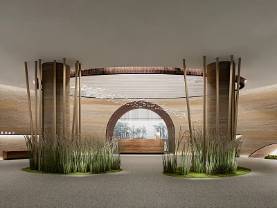 Modern Hotel Lobby Interior With Arched Doorway Wooden Elements Green Plants And Reception Desk 3d model