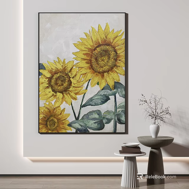 Sunflower Painting Wall Decor in Modern Interior with Small Table Vase and Books 3d model 