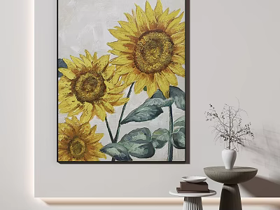 Sunflower Painting Wall Decor in Modern Interior with Small Table Vase and Books 3d model