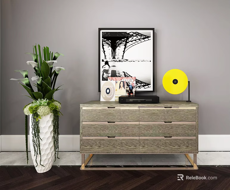 Modern Wooden Console Cabinet Sideboard with Drawers Green Plant White Vase and Decorative Painting 3d model 