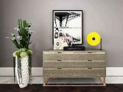 Modern Wooden Console Cabinet Sideboard with Drawers Green Plant White Vase and Decorative Painting 3d model