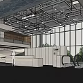 Modern Front Desk Reception Lobby With Large Windows Glass Partitions And Wooden Elements