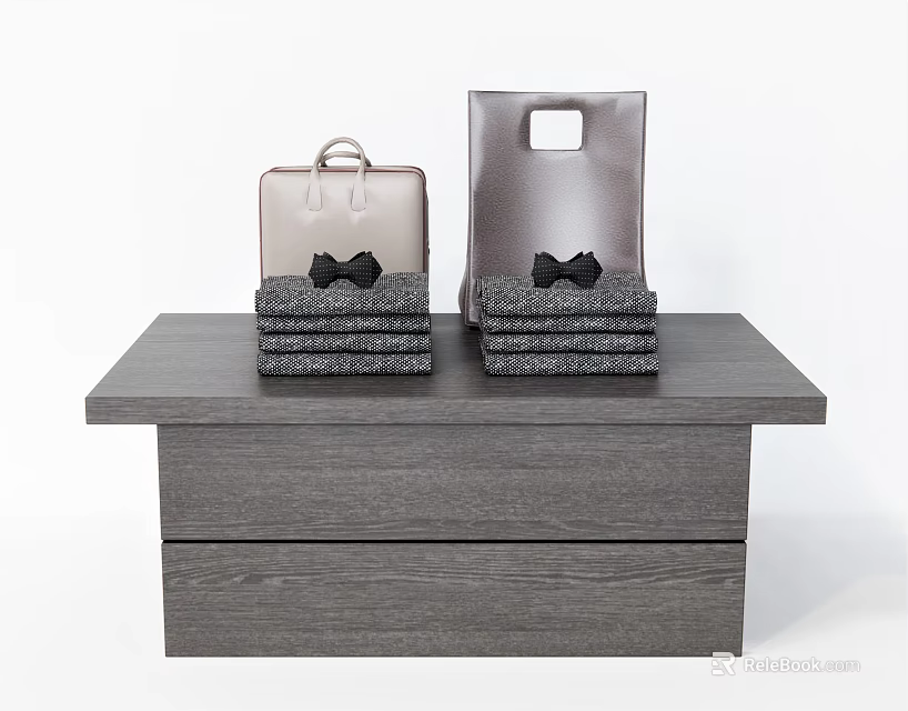Gray Wooden Showcase Shelf Holding Brown Dark Gray Handbags and Stacked Gray Black Bow Items 3d model 