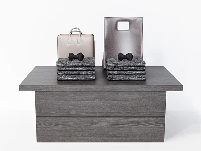Gray Wooden Showcase Shelf Holding Brown Dark Gray Handbags and Stacked Gray Black Bow Items 3d model