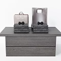 Gray Wooden Showcase Shelf Holding Brown Dark Gray Handbags and Stacked Gray Black Bow Items