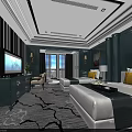 Dark Green Hotel Guest Room Interior With Double Beds TV Yellow Pillows And Carpet