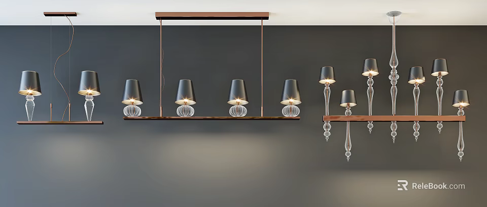 Modern Chandelier Design With Black Shades Copper Frame And Glass Bases 3d model 