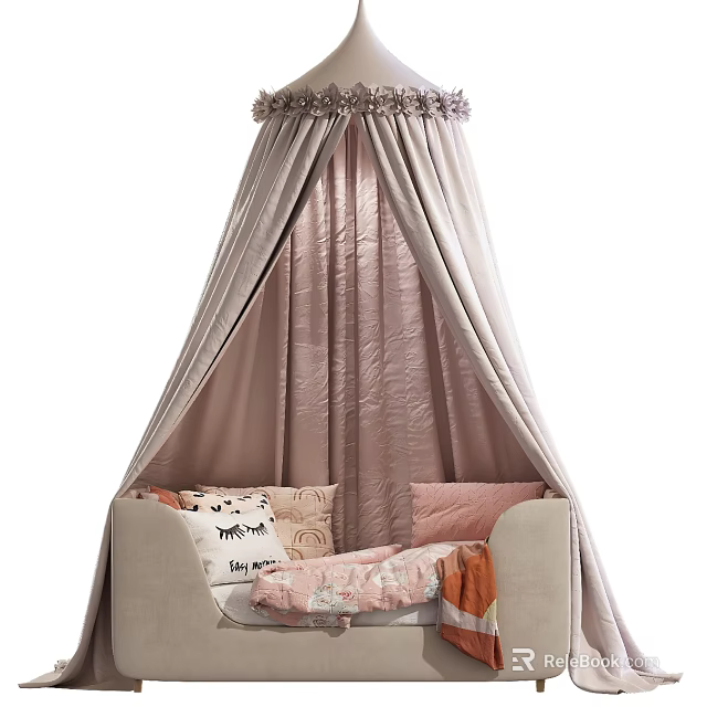 Cozy Children's Bed With Soft Pink Frilled Canopy And Decorative Pillows 3d model 