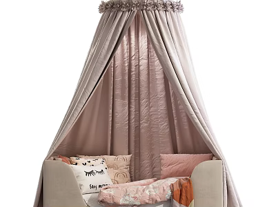 Cozy Children's Bed With Soft Pink Frilled Canopy And Decorative Pillows 3d model
