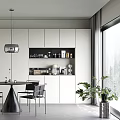 Modern Restaurant Interior With White Cabinets Black Dining Table Silver Pendant Light And Green Plant