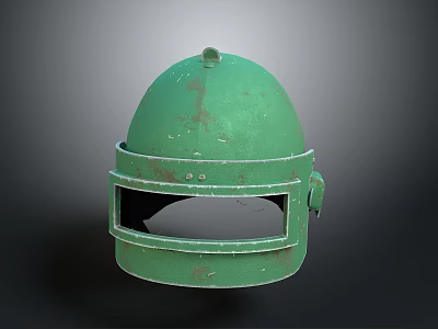 Green Military Weapon Helmet With Worn Surface And Protective Face Shield 3d model