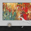 Colorful Abstract Painting With Silver Antelope Sculpture And Round Light In Modern Space