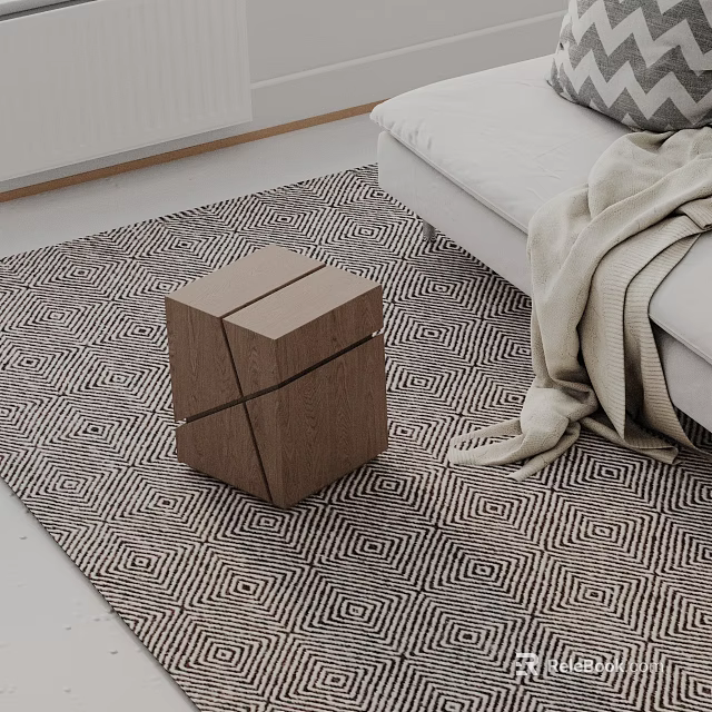 Geometric Wooden Side Table with Interlocking Cube Design Near Sofa on Patterned Rug 3d model 