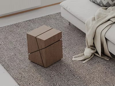 Geometric Wooden Side Table with Interlocking Cube Design Near Sofa on Patterned Rug 3d model