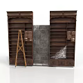 Dark Wooden Bookcases With Drawers And Gray Brick Wall Near Wooden Ladder And Spider Web