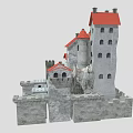Cartoon Scene Featuring a Castle with Red Roofs Stone Walls and Towers