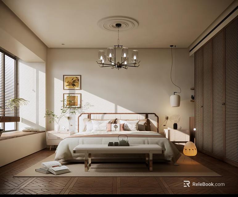 Modern Cozy Bedroom Interior Design With Chandelier Wooden Floor Paintings Bed Bench And Window Shutters 3d model 