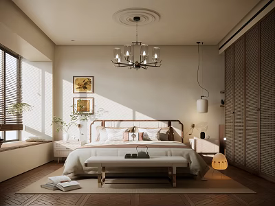 Modern Cozy Bedroom Interior Design With Chandelier Wooden Floor Paintings Bed Bench And Window Shutters 3d model