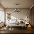 Modern Cozy Bedroom Interior Design With Chandelier Wooden Floor Paintings Bed Bench And Window Shutters