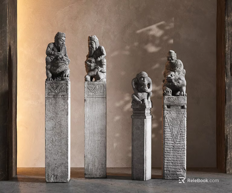 Traditional Stone Pillars With Carved Figures And Intricate Ornate Details 3d model 