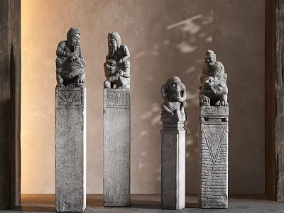 Traditional Stone Pillars With Carved Figures And Intricate Ornate Details 3d model