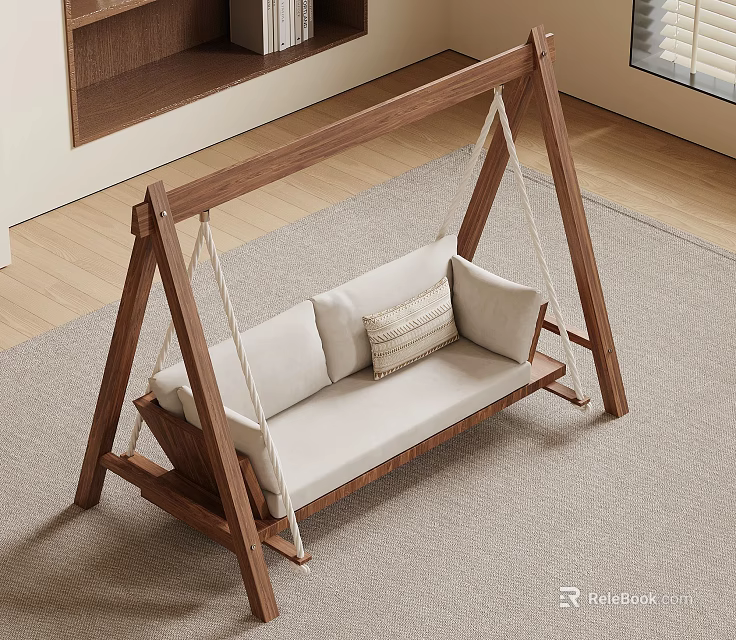 Indoor Wooden Swing Leisure Chair with Light Colored Cushion and Decorative Pillows on Soft Rug 3d model 