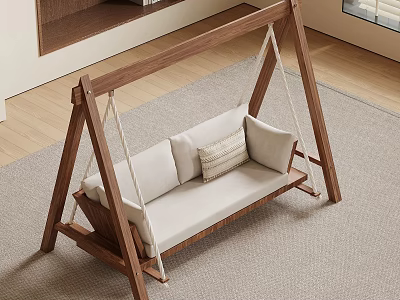 Indoor Wooden Swing Leisure Chair with Light Colored Cushion and Decorative Pillows on Soft Rug 3d model