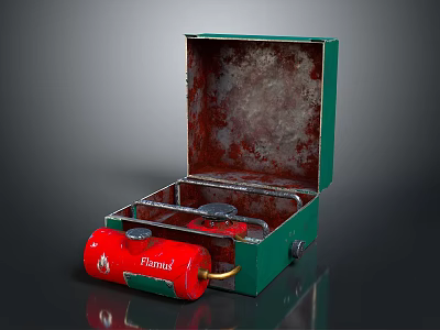 Open Green Metal Equipment Box With Rusty Interior And Red Flamex Gas Cylinder 3d model