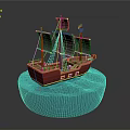 Red Sailboat Model With Multiple Masts Black Sails And Blue Transparent Base