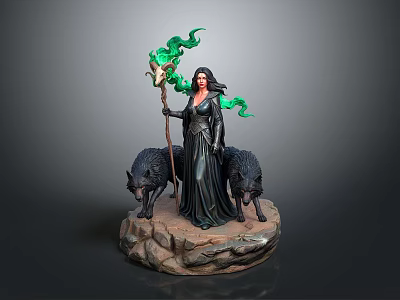 Witch Statue In Black Robe Holding Staff With Green Smoke Two Black Wolves Rock Base 3d model