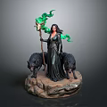 Witch Statue In Black Robe Holding Staff With Green Smoke Two Black Wolves Rock Base