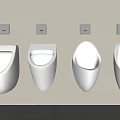 Four White Wall Mounted Urinals With Flush Buttons On Beige Bathroom Wall