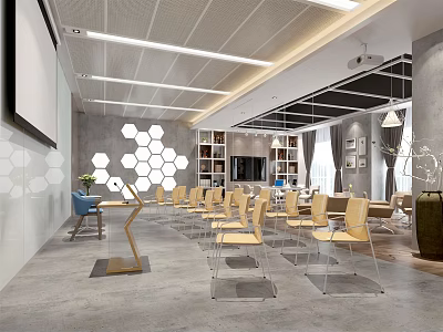 Spacious Modern Conference Room Interior With Hexagonal Decorations Bookshelves Pendant Lights And Chairs 3d model