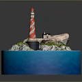 Red And White Striped Lighthouse On Rocky Island Surrounded By Blue Ocean Waves