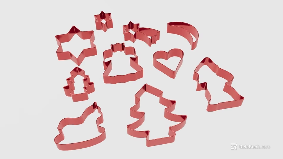 Red Cookie Cutters With Various Shapes Including Star Christmas Tree And Heart 3d model 
