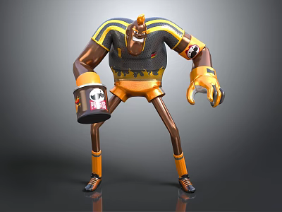 Anthropomorphic Creature Character In Yellow Black Sports Outfit With Skull Cup Long Limbs And Wristbands 3d model