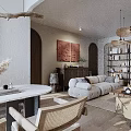 Warm Modern Dining and Living Room with Ceiling Fans Sofa Coffee Table and Decorative Painting