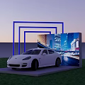 White Porsche Panamera Display Platform with Blue Neon Frame City Night View Screen Green Grass