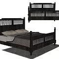 Vintage Wooden Double Bed With Carved Headboard Footboard White Pillows Patterned Quilt On Light Rug