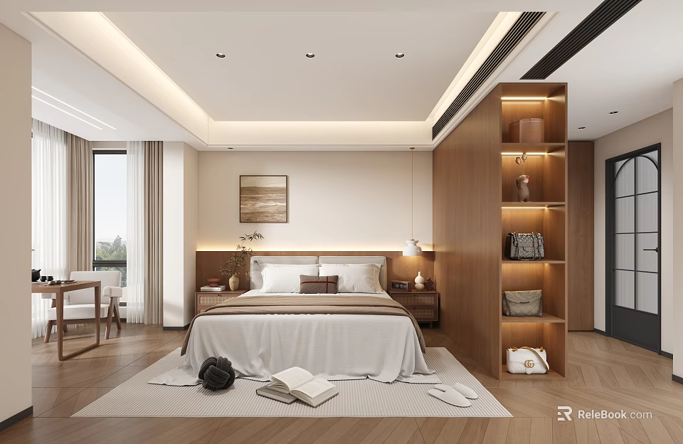 Modern Bedroom Interior With King Size Bed Bedside Lamps Decorative Painting And Wooden Bookshelf 3d model 