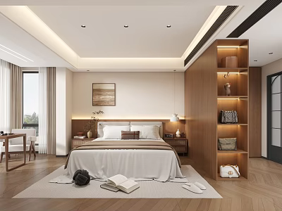 Modern Bedroom Interior With King Size Bed Bedside Lamps Decorative Painting And Wooden Bookshelf 3d model