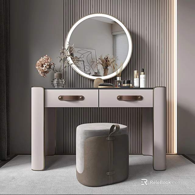Modern Dressing Table With Round Backlit Mirror Two Drawers And Matching Stool 3d model 